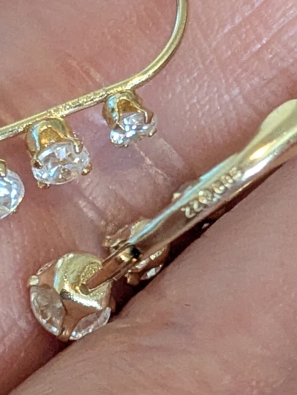 14k Yellow Gold 3 CZ Stone Diamond Simulant Drop Huggie Earrings - Picture 4 of 13